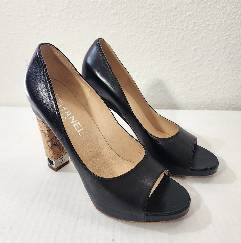 Chanel Classic CC Logo Peep Toe Leather Cork Heel Pumps Black EU 38.5
